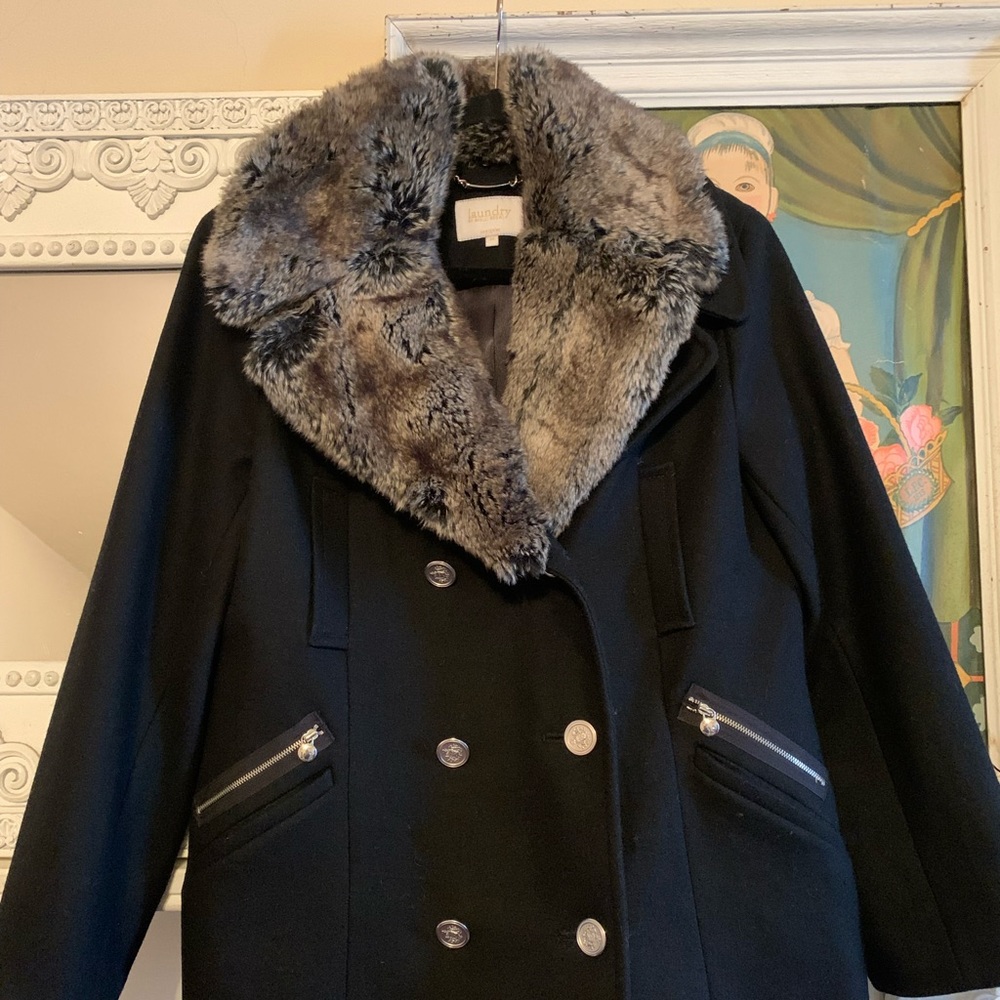 Laundry by Shelli Segal Women’s Black Wool Blend Pea Coat Faux Fur Collar Plus